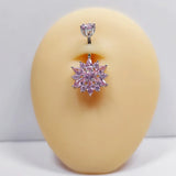 925 Silver Belly Piercing Pink Flower CZ Navel Jewelry