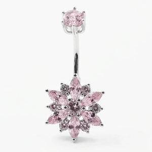925 Silver Pink Flower CZ Navel Button Ring