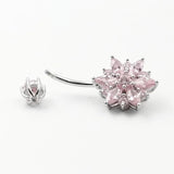 925 Silver Pink Flower CZ Navel Button Ring