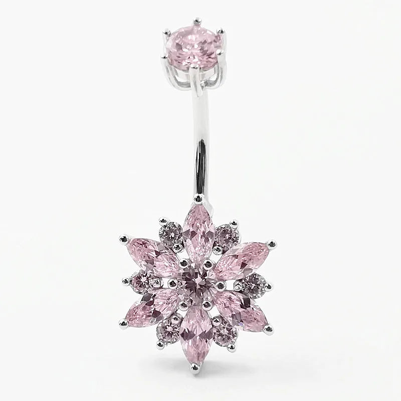 925 Silver Pink Flower CZ Navel Button Ring