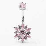 925 Silver Pink Flower CZ Navel Button Ring