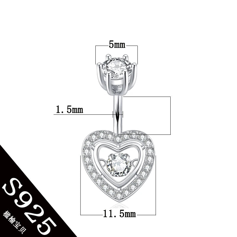 925 Silver Heart Belly Button Ring Zircon Body Jewelry
