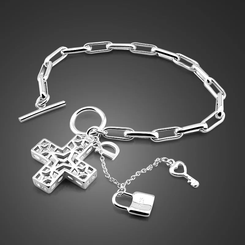 925 Silver Bracelet Cross Pendant Charm Jewelry