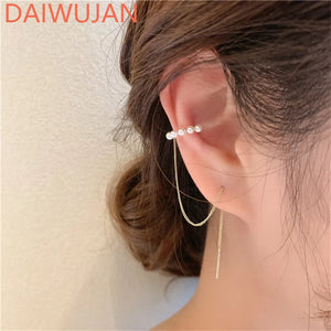 925 Silver Chain Ear Clip with Freshwater Pearl Earrings
