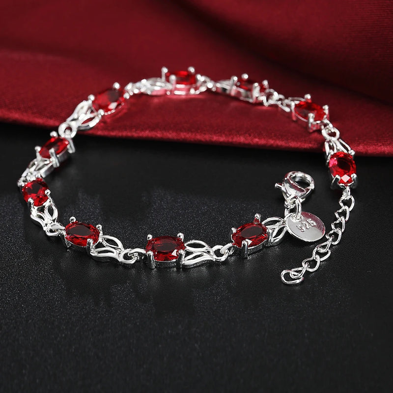 925 Silver Red Crystal Charm Bracelet Wedding Jewelry