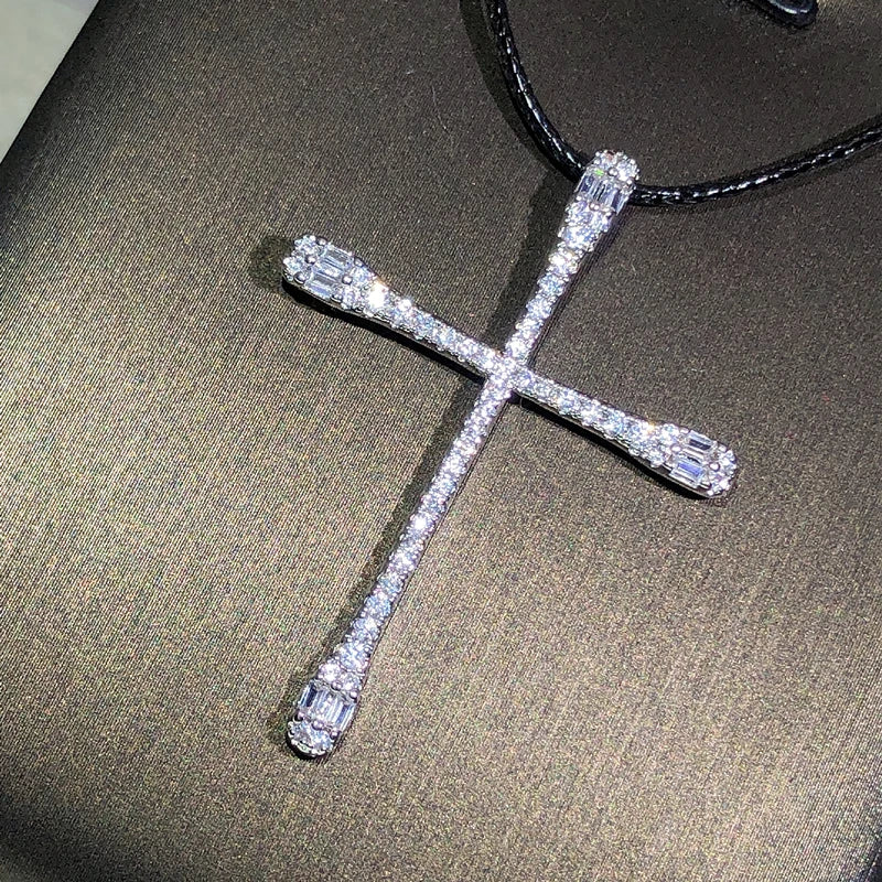 925 Sterling Silver Cross Pendant Necklace Zircon Party Jewelry