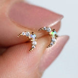 925 Silver Moon Stud Earring Opal CZ Christmas Jewelry