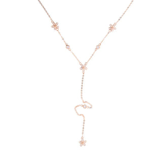 925 Silver CZ Paved Flower Lariat Pendant Necklace for Women