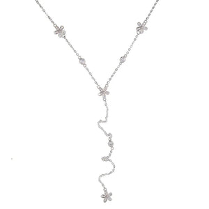 925 Silver CZ Paved Flower Lariat Pendant Necklace for Women