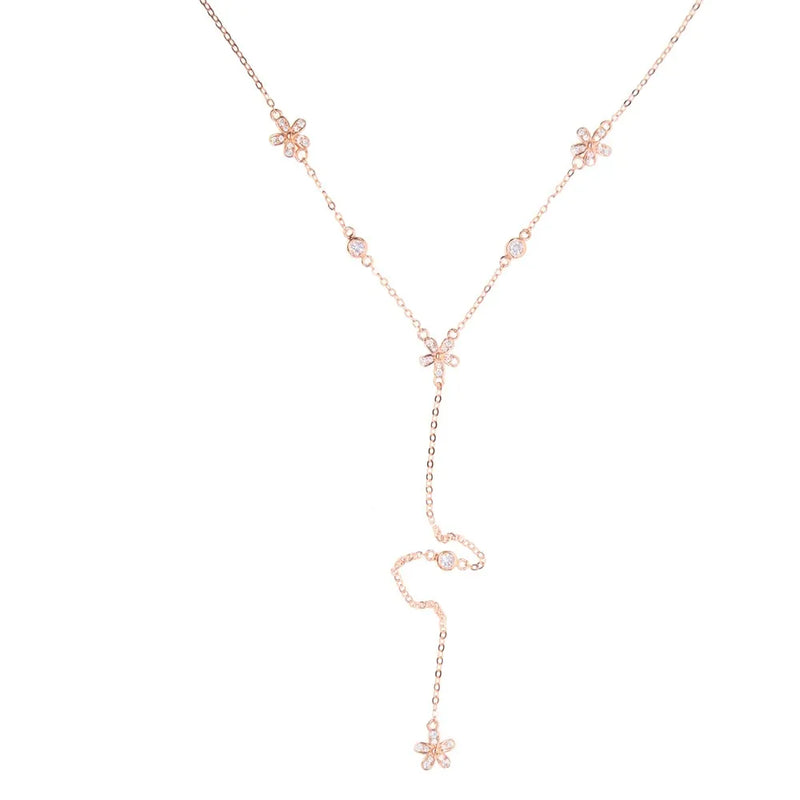 925 Silver CZ Paved Flower Lariat Pendant Necklace for Women