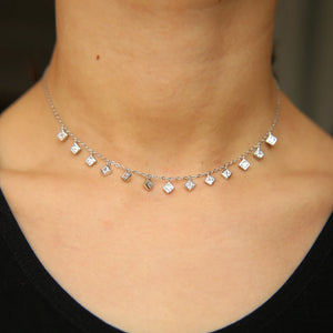 925 Silver CZ Dainty Necklace Square Charm Chain Choker