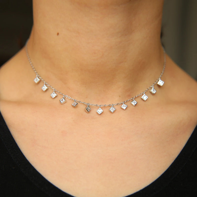 925 Silver CZ Dainty Necklace Square Charm Chain Choker