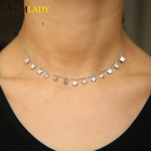 925 Silver CZ Dainty Necklace Square Charm Chain Choker