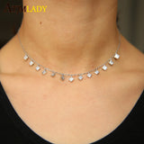 925 Silver CZ Dainty Necklace Square Charm Chain Choker