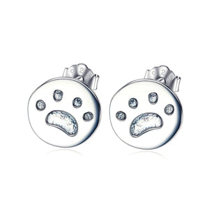 925 Silver Dog Paw Print Round Stud Earrings