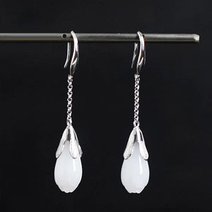 925 Silver Long Orchid Earrings with Jade Gems for Women