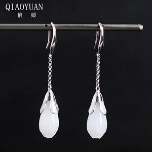 925 Silver Long Orchid Earrings with Jade Gems for Women
