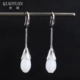 925 Silver Long Orchid Earrings with Jade Gems for Women