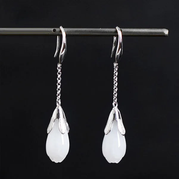 925 Silver Long Orchid Earrings with Jade Gems for Women