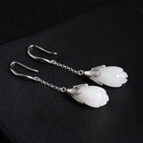 925 Silver Long Orchid Earrings with Jade Gems for Women