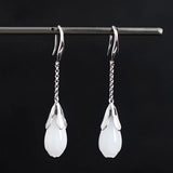 925 Silver Long Orchid Earrings with Jade Gems for Women