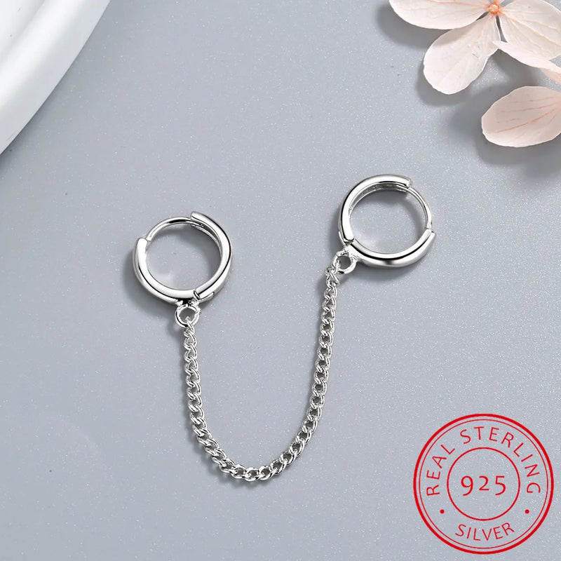 925 Silver Double Pierced Chain Earrings - Boy Girl Silver Ear Jewelry