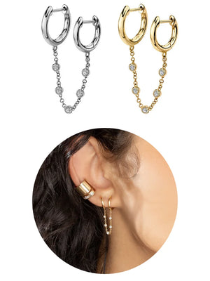 925 Silver Double Drop Crystal Chain Earrings