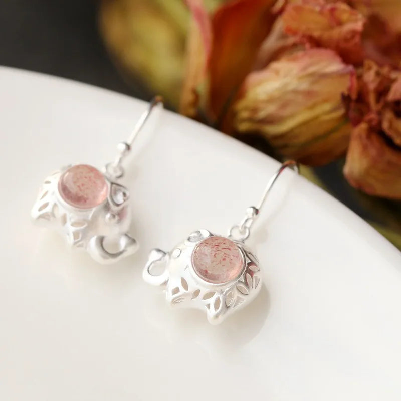 925 Sterling Silver Elephant Earrings with Strawberry Crystal