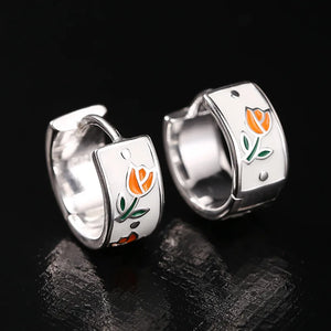 925 Silver Tulip Circle Ear Buckle Flower Earring for Women Wedding Party