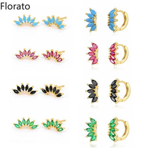 925 Silver Crystal Turquoise Hoop Stud Earrings