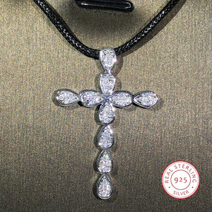 925 Silver Cross Pendant Sweater Necklace Zircon Jewelry