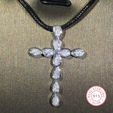 925 Silver Cross Pendant Sweater Necklace Zircon Jewelry