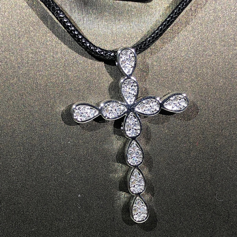 925 Silver Cross Pendant Sweater Necklace Zircon Jewelry