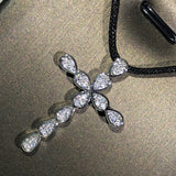 925 Silver Cross Pendant Sweater Necklace Zircon Jewelry