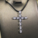 925 Silver Cross Pendant Sweater Necklace Zircon Jewelry