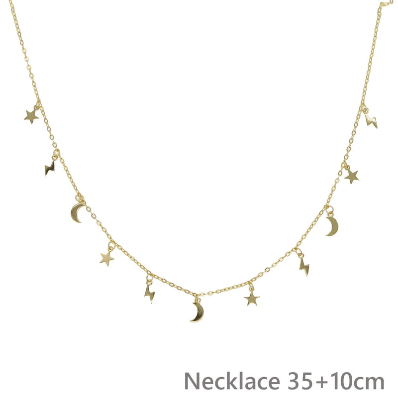 925 Silver Moon Star Lightning Choker Chain Necklace