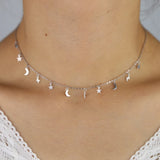 925 Silver Moon Star Lightning Choker Chain Necklace