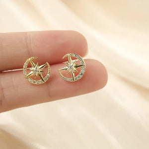 925 Silver Star Moon Flashing Earrings with Rhinestone - Sweet Student Jewelry