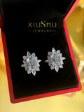 925 Silver Flower Diamond Emerald Ear Studs
