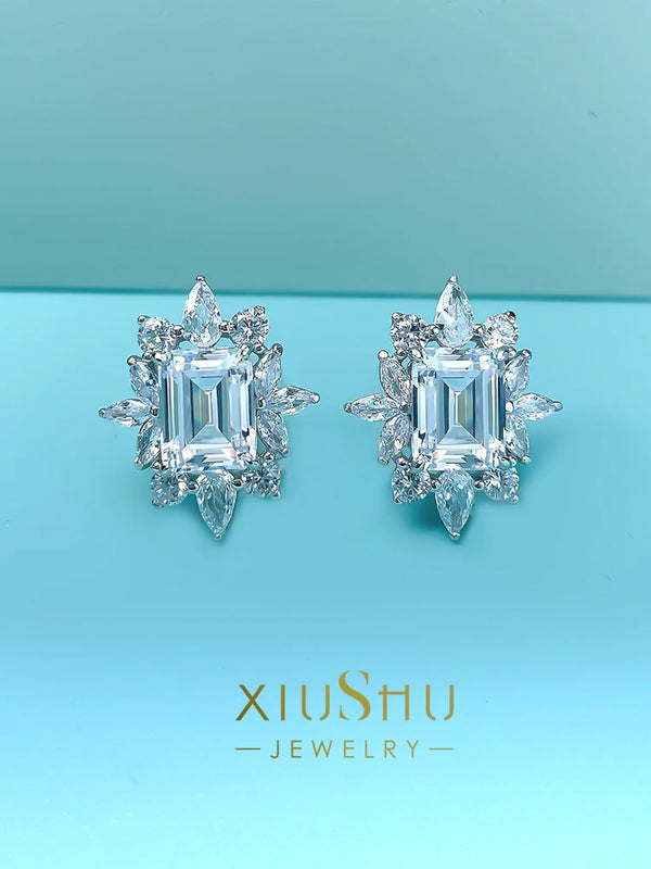 925 Silver Flower Diamond Emerald Ear Studs