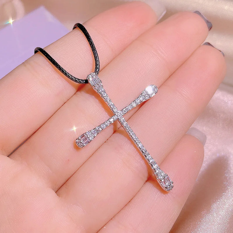 925 Silver Diamond Zircon Cross Pendant Couple Necklace