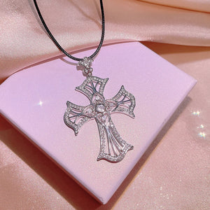 925 Sterling Silver Diamond Star Cross Necklace - Small Cross Pendant