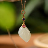 925 Silver Gold-Plated Hotian Jade Pendant, Leaf Design