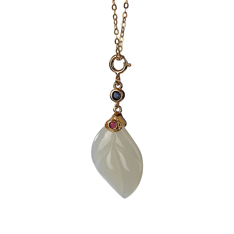 925 Silver Gold-Plated Hotian Jade Pendant, Leaf Design