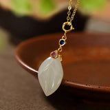 925 Silver Gold-Plated Hotian Jade Pendant, Leaf Design