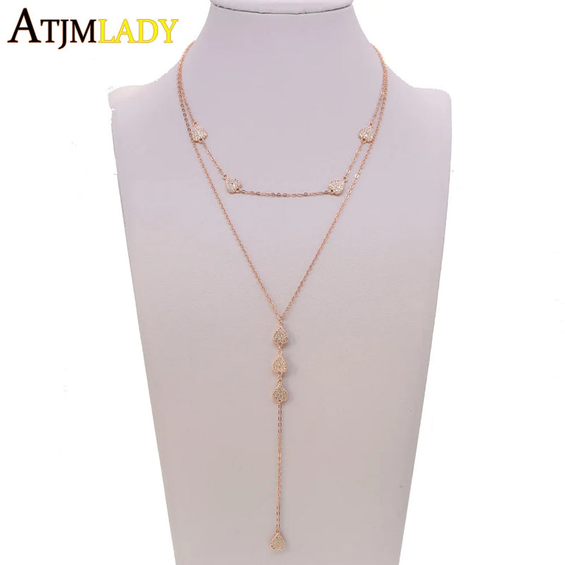 925 Silver Heart CZ Paved Double Layer Necklace Rose Y Shape Sexy Jewelry