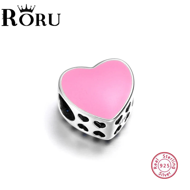 925 Sterling Silver Heart Charm with Pink Enamel for Bracelet