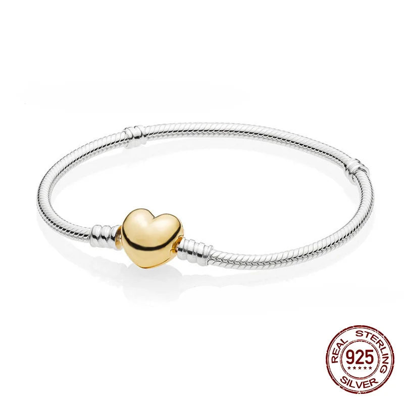 925 Silver Heart Leaves Love Snake Chain Bracelet for Charm Beads