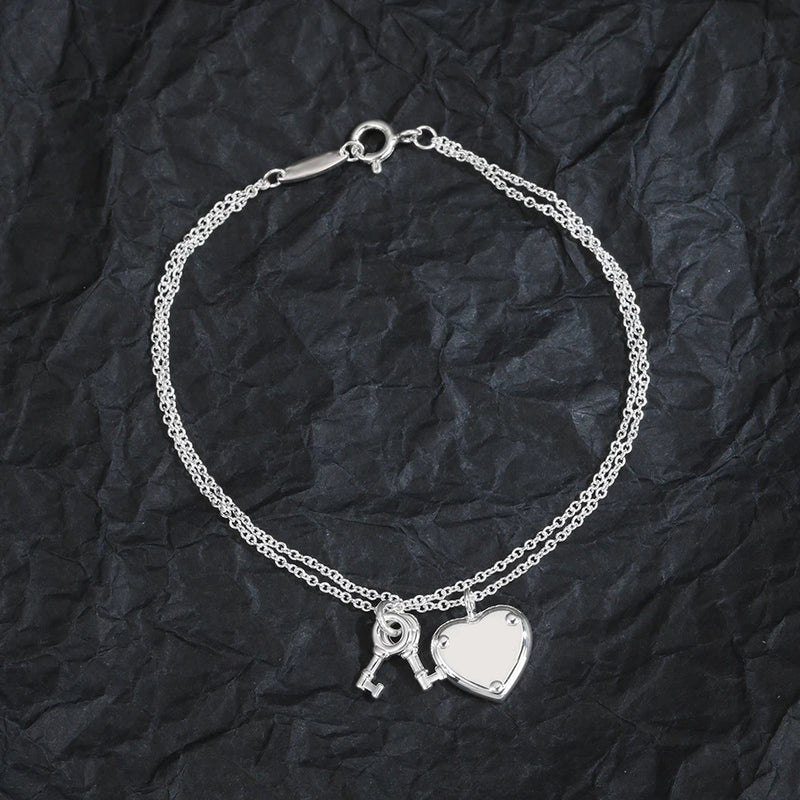 925 Silver Heart Necklace Key Lock Jewelry Vintage Party