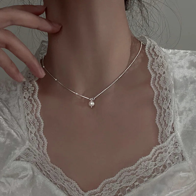 925 Silver Single Pearl Necklace Clavicle Chain Jewelry for Women